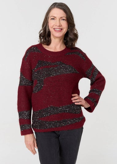 Izabel London Burgundy Metallic Sparkly Animal Print Jumper