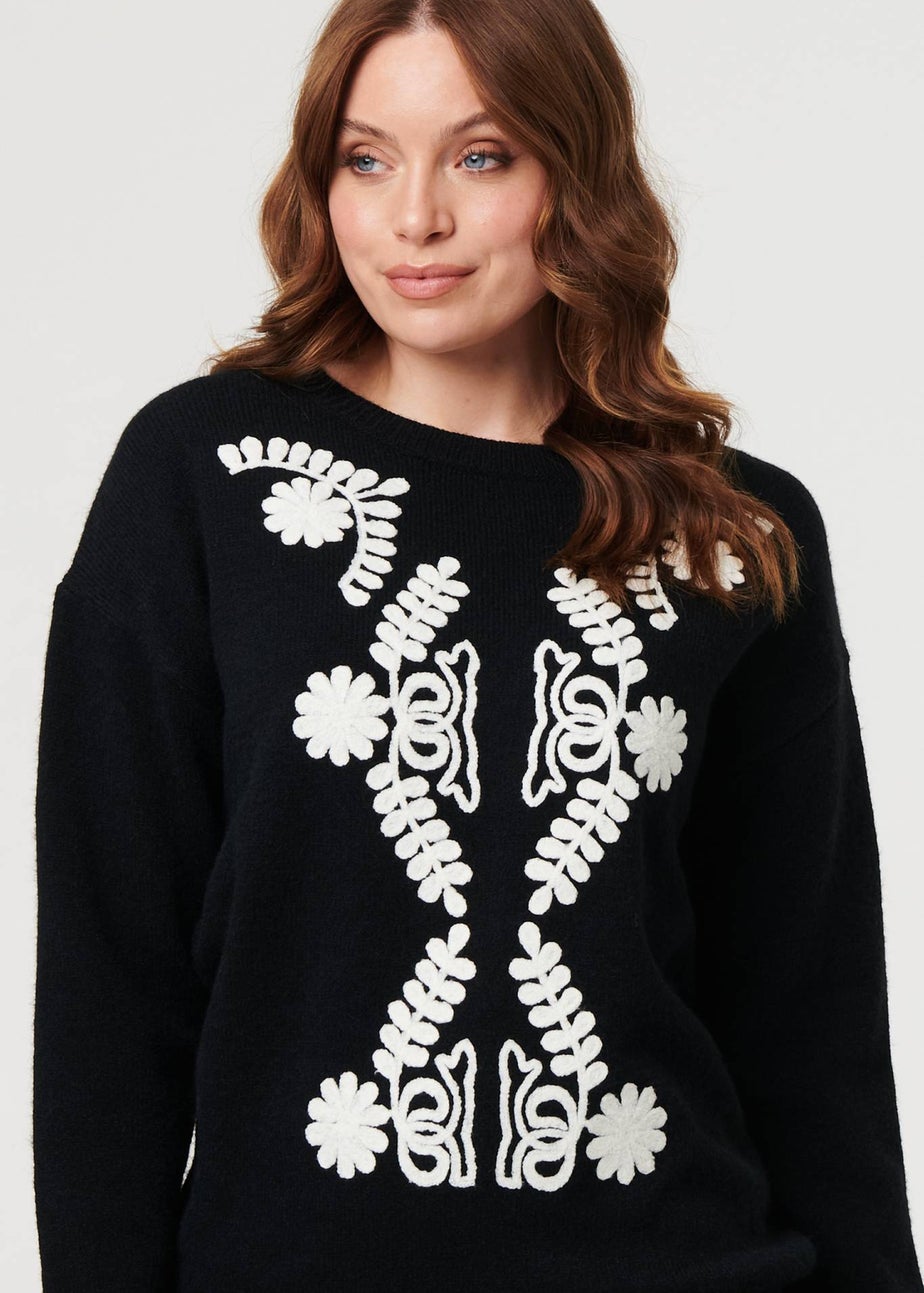 Izabel London Black Embroidered Print Drop Shoulder Jumper