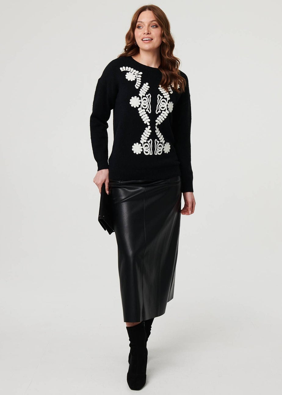 Izabel London Black Embroidered Print Drop Shoulder Jumper