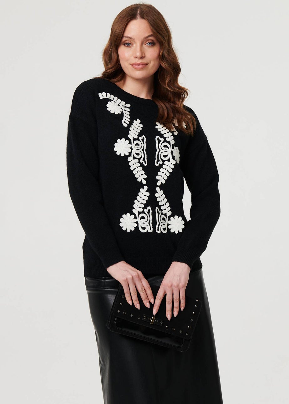Izabel London Black Embroidered Print Drop Shoulder Jumper