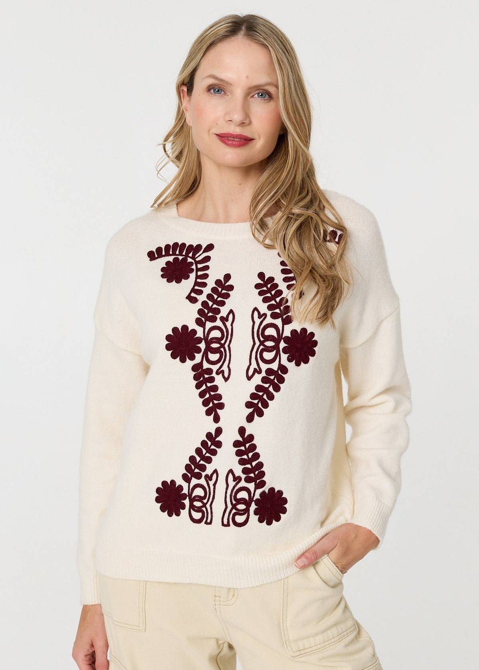 Izabel London Cream Embroidered Print Drop Shoulder Jumper