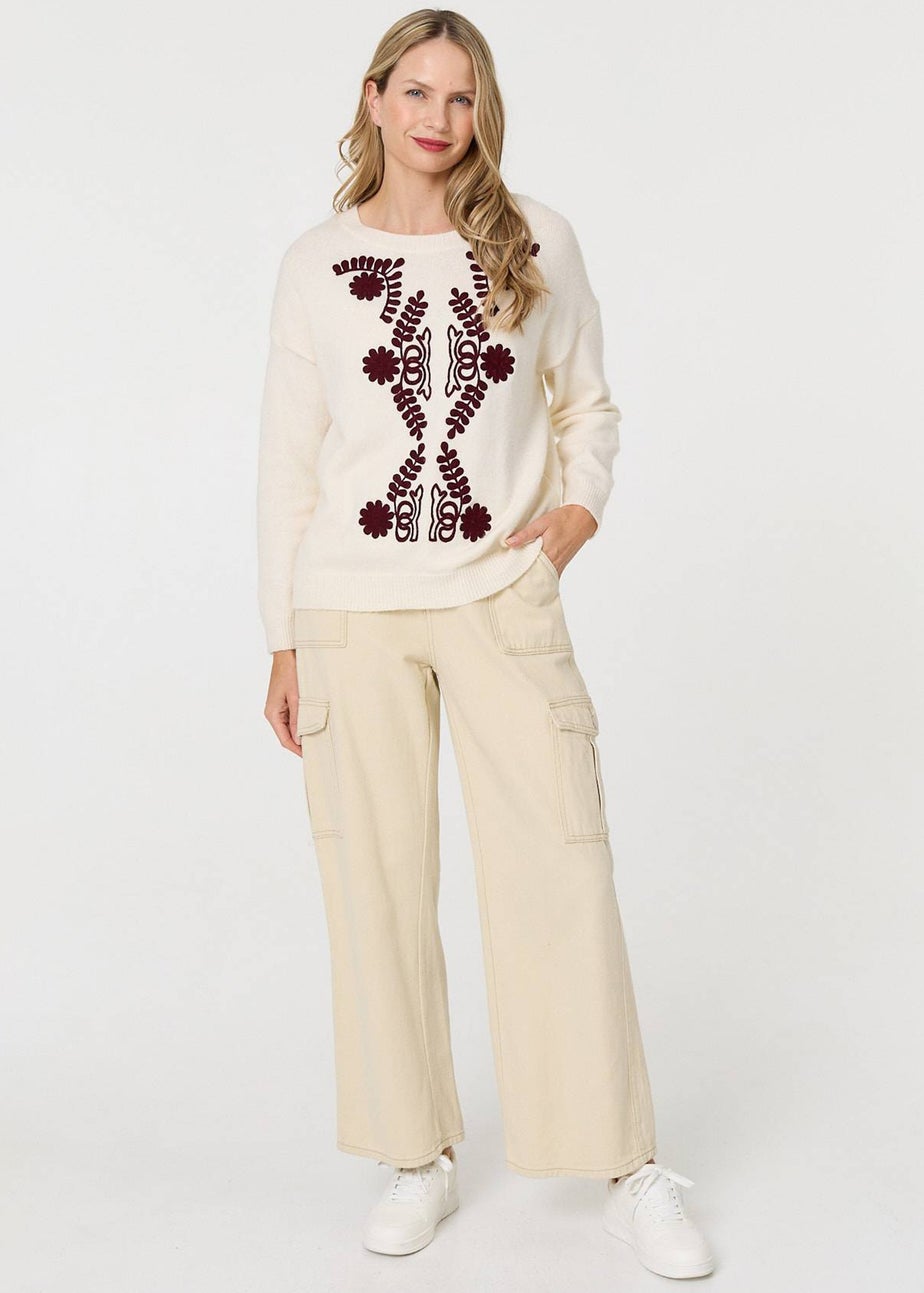 Izabel London Cream Embroidered Print Drop Shoulder Jumper