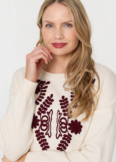 Izabel London Cream Embroidered Print Drop Shoulder Jumper