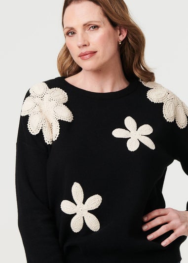 Izabel London Black Floral Embroidered Relaxed Knit Jumper