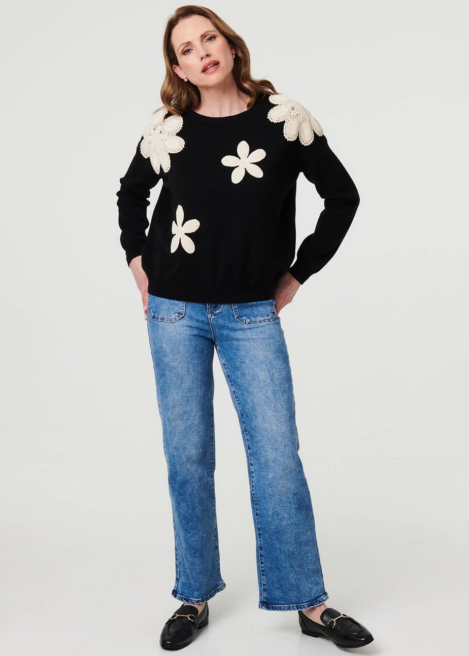 Izabel London Black Floral Embroidered Relaxed Knit Jumper