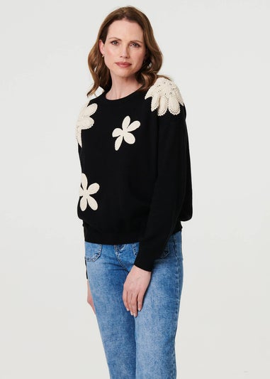 Izabel London Black Floral Embroidered Relaxed Knit Jumper
