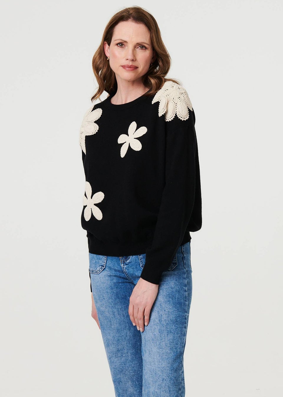 Izabel London Black Floral Embroidered Relaxed Knit Jumper