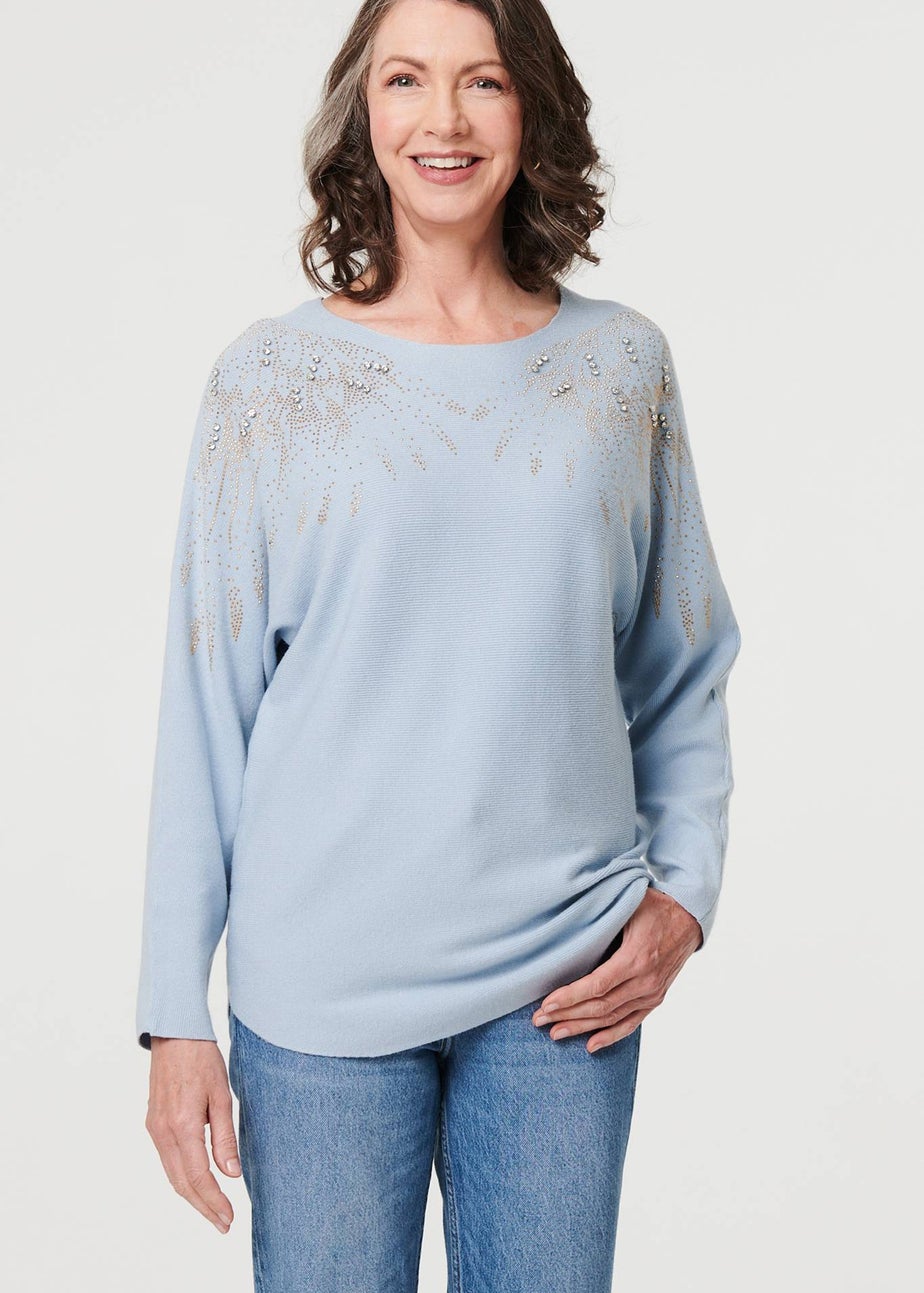 Izabel London Blue Sparkly Embellished Relaxed Jumper
