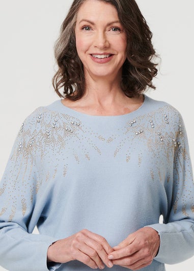 Izabel London Blue Sparkly Embellished Relaxed Jumper
