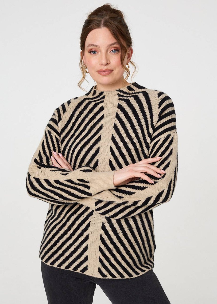 Izabel London Beige Striped High Neck Drop Shoulder Jumper