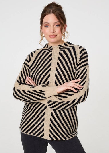 Izabel London Beige Striped High Neck Drop Shoulder Jumper