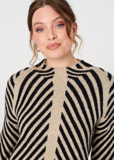 Izabel London Beige Striped High Neck Drop Shoulder Jumper