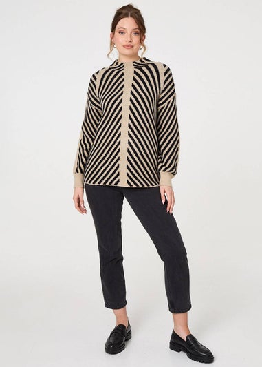 Izabel London Beige Striped High Neck Drop Shoulder Jumper
