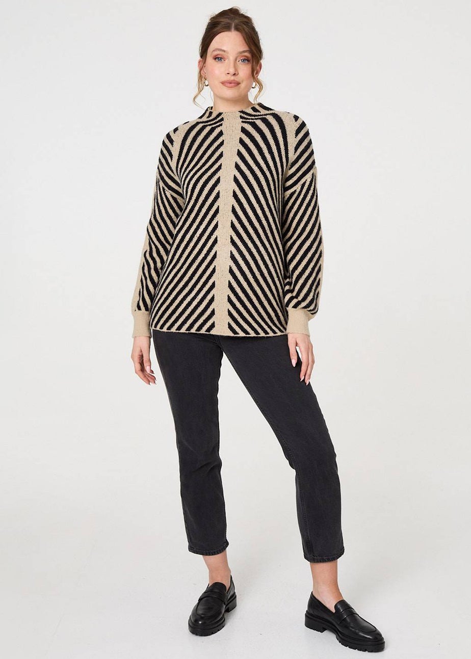 Izabel London Beige Striped High Neck Drop Shoulder Jumper