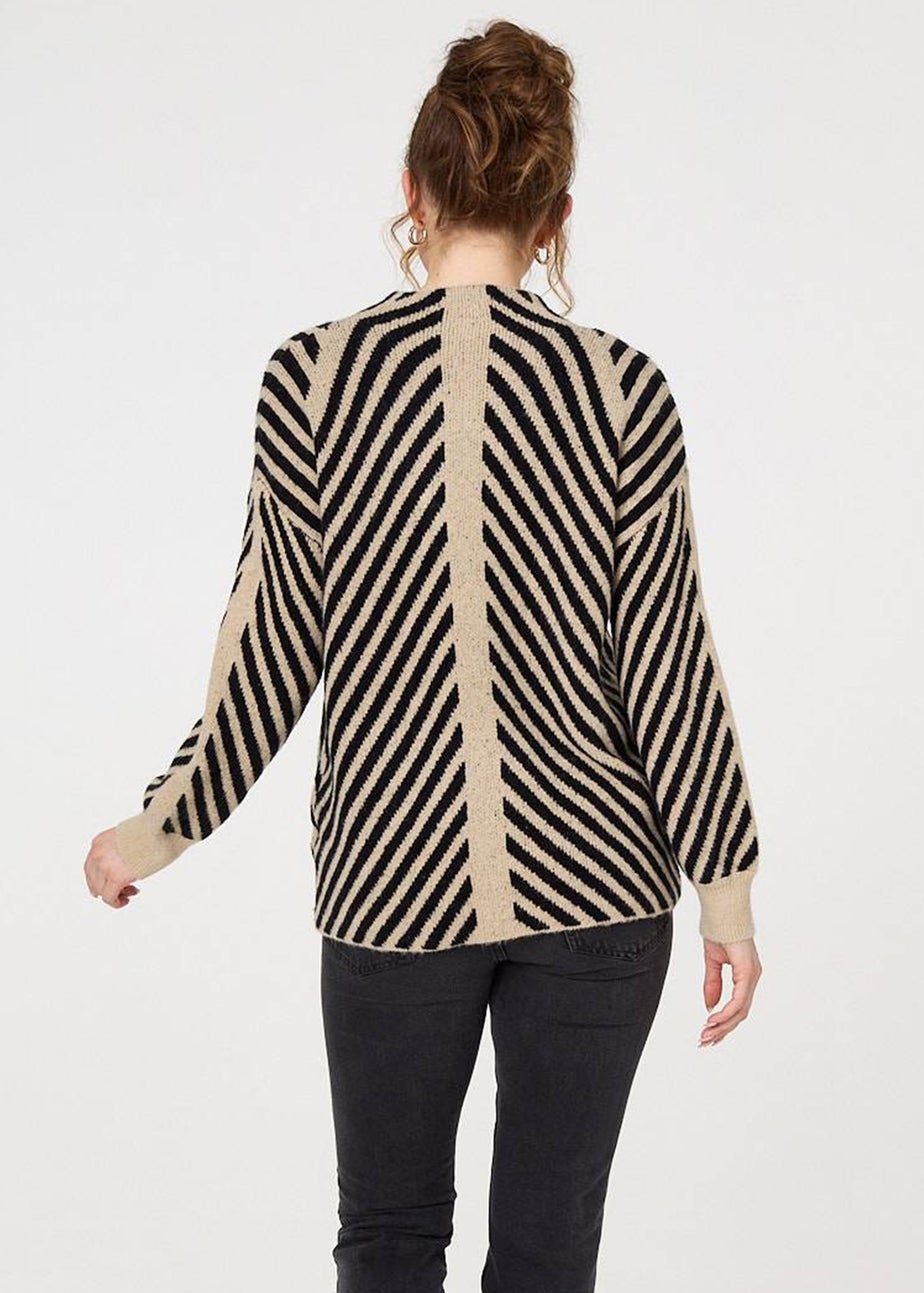 Izabel London Beige Striped High Neck Drop Shoulder Jumper
