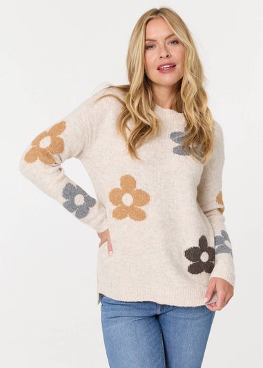 Izabel London Beige Floral Textured Knit Long Sleeve Jumper