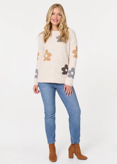 Izabel London Beige Floral Textured Knit Long Sleeve Jumper