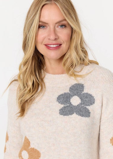 Izabel London Beige Floral Textured Knit Long Sleeve Jumper