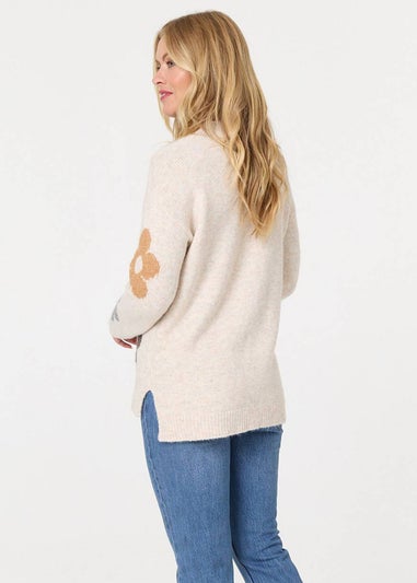 Izabel London Beige Floral Textured Knit Long Sleeve Jumper