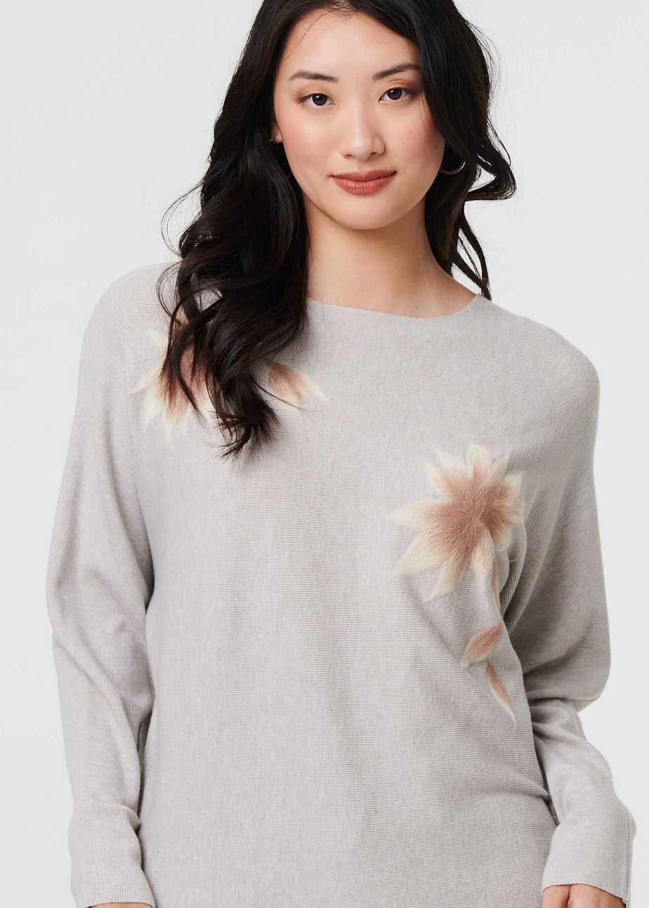 Izabel London Grey Floral Relaxed Batwing Sleeve Jumper