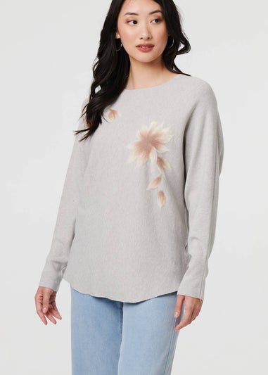Izabel London Grey Floral Relaxed Batwing Sleeve Jumper