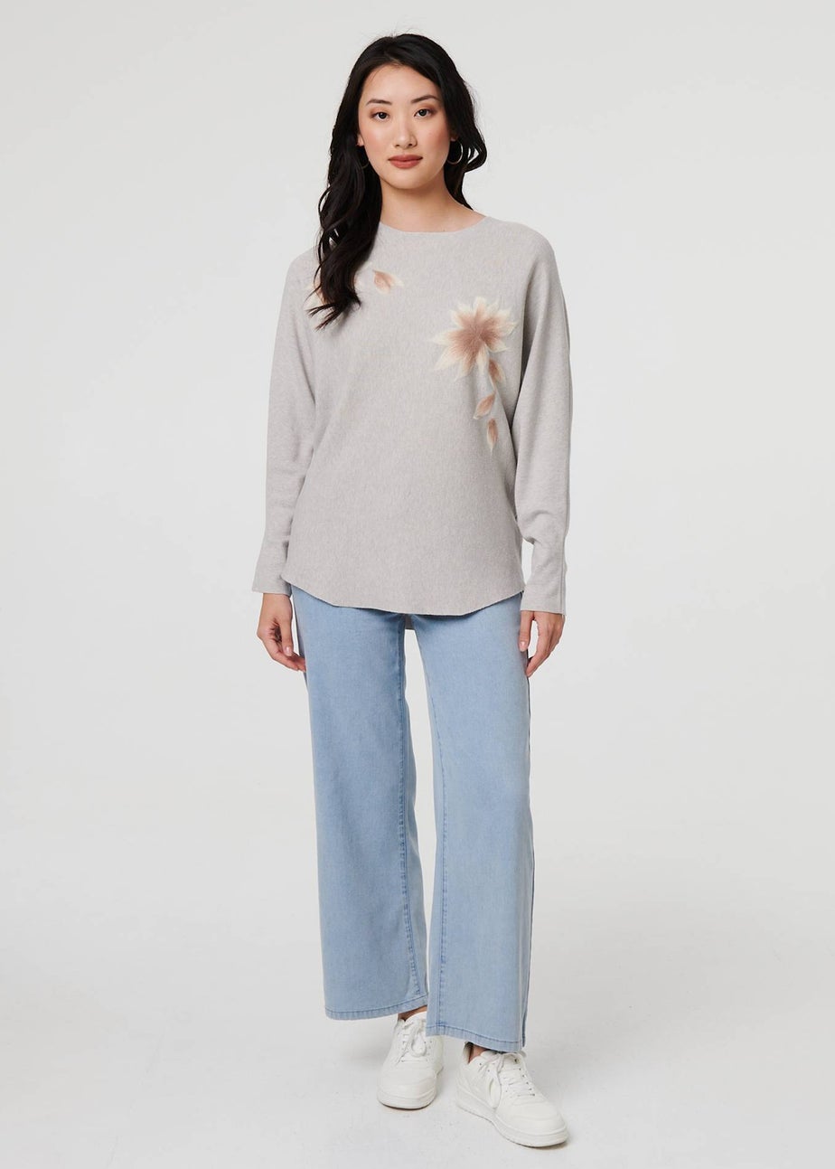 Izabel London Grey Floral Relaxed Batwing Sleeve Jumper
