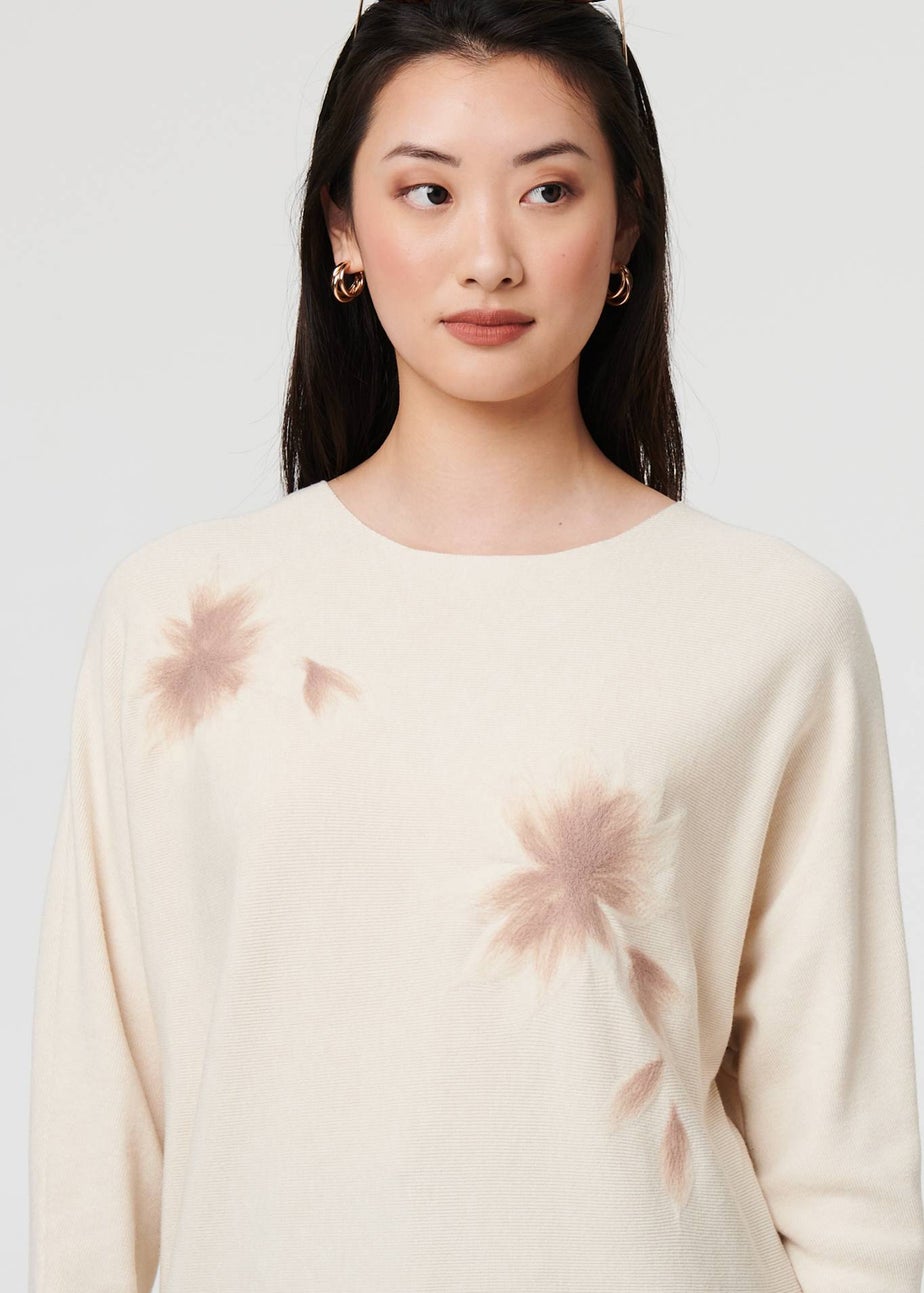 Izabel London Beige Floral Relaxed Batwing Sleeve Jumper