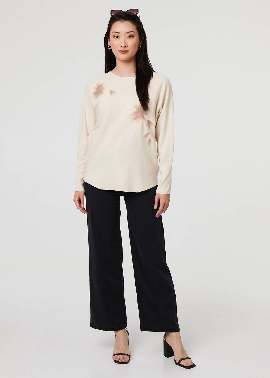 Izabel London Beige Floral Relaxed Batwing Sleeve Jumper