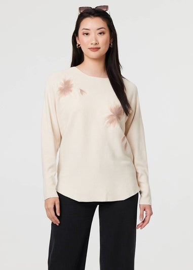 Izabel London Beige Floral Relaxed Batwing Sleeve Jumper