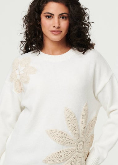 Izabel London White Floral Long Sleeve Embroidered Jumper