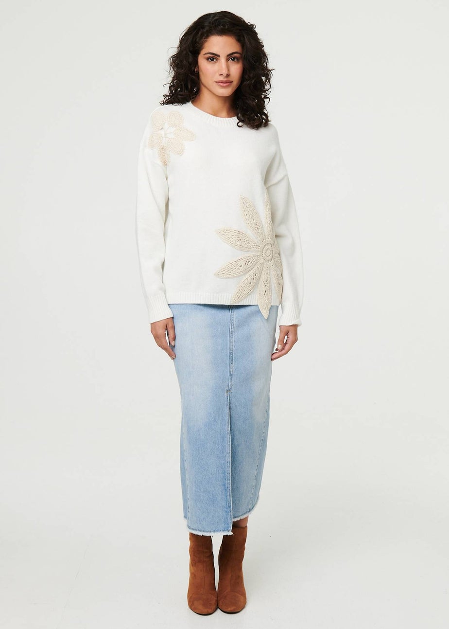 Izabel London White Floral Long Sleeve Embroidered Jumper