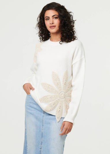 Izabel London White Floral Long Sleeve Embroidered Jumper