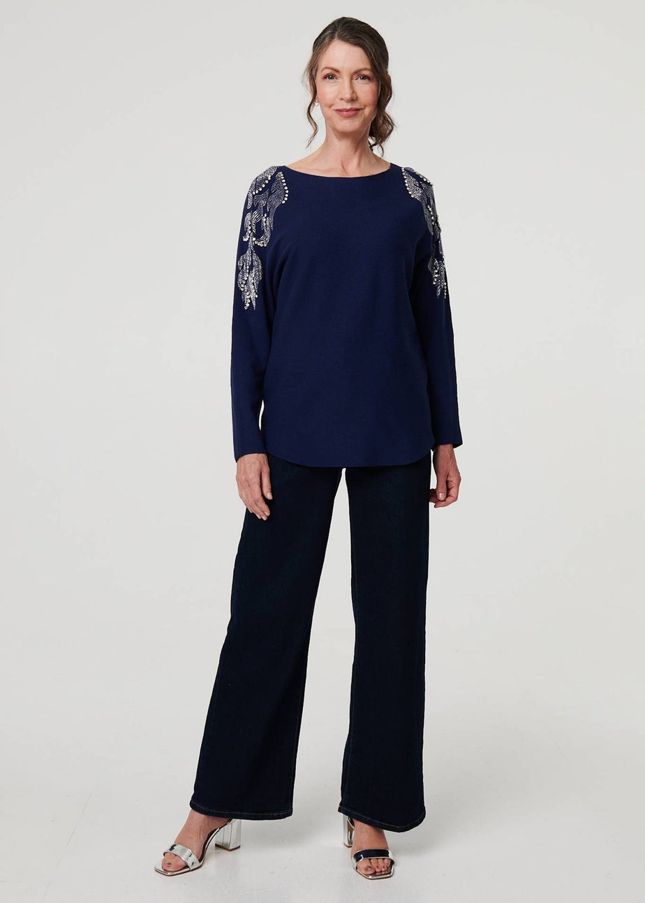 Izabel London Navy Sparkly Embellished Long Sleeve Knit Top