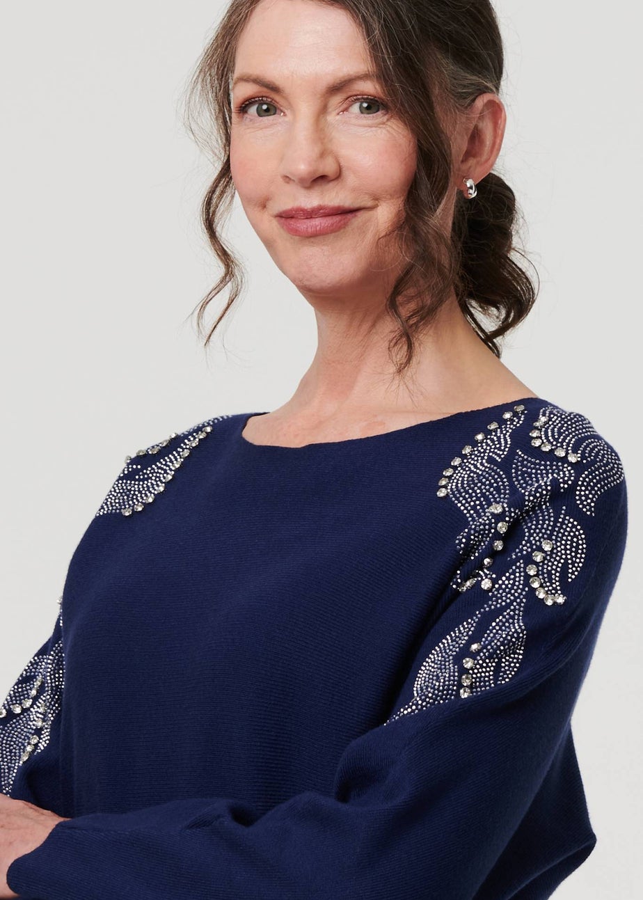 Izabel London Navy Sparkly Embellished Long Sleeve Knit Top