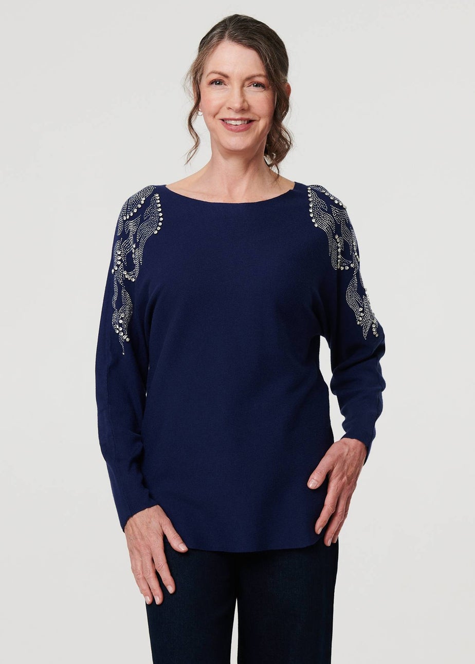 Izabel London Navy Sparkly Embellished Long Sleeve Knit Top