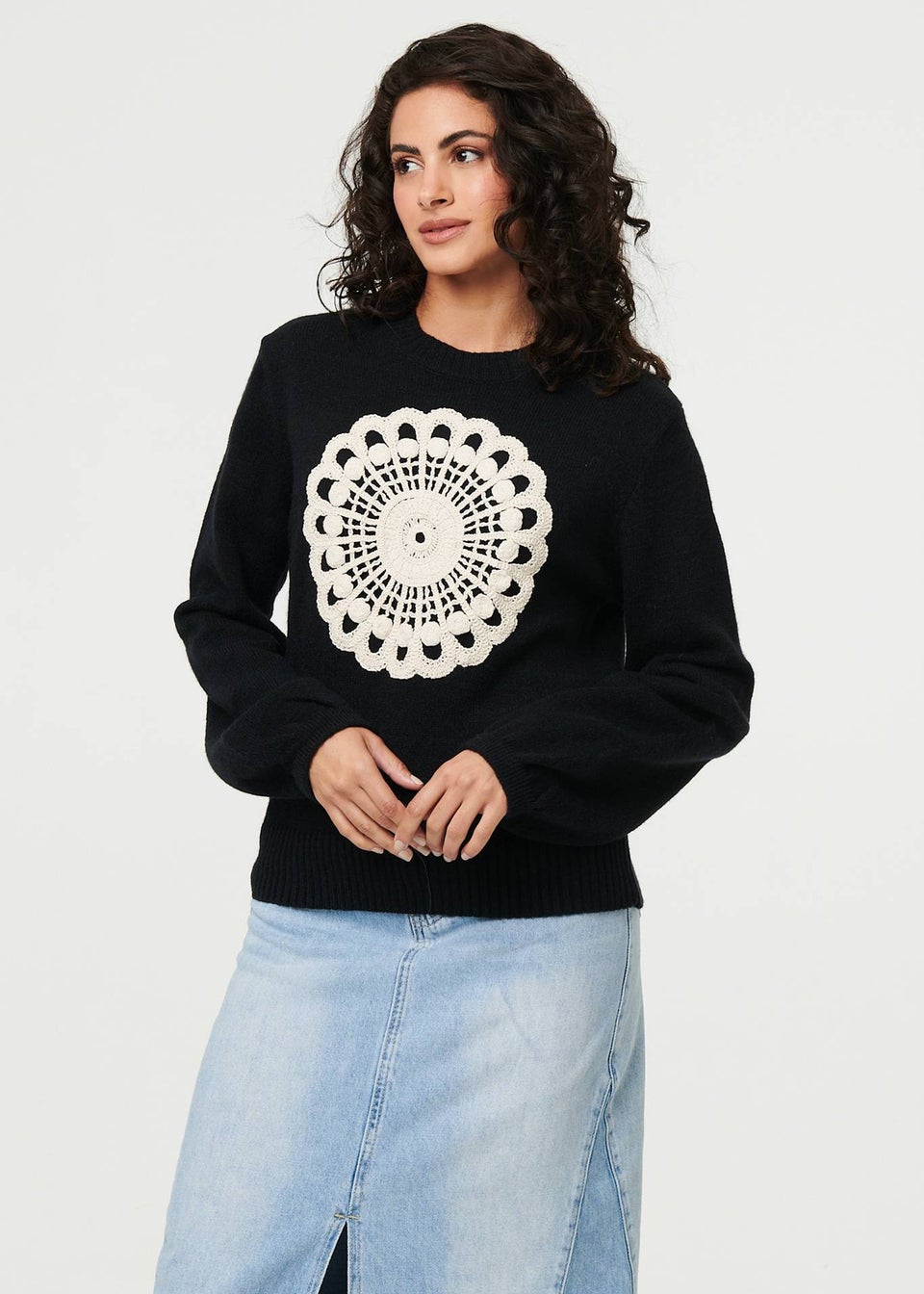 Izabel London Black Embroidered Detail Long Sleeve Jumper