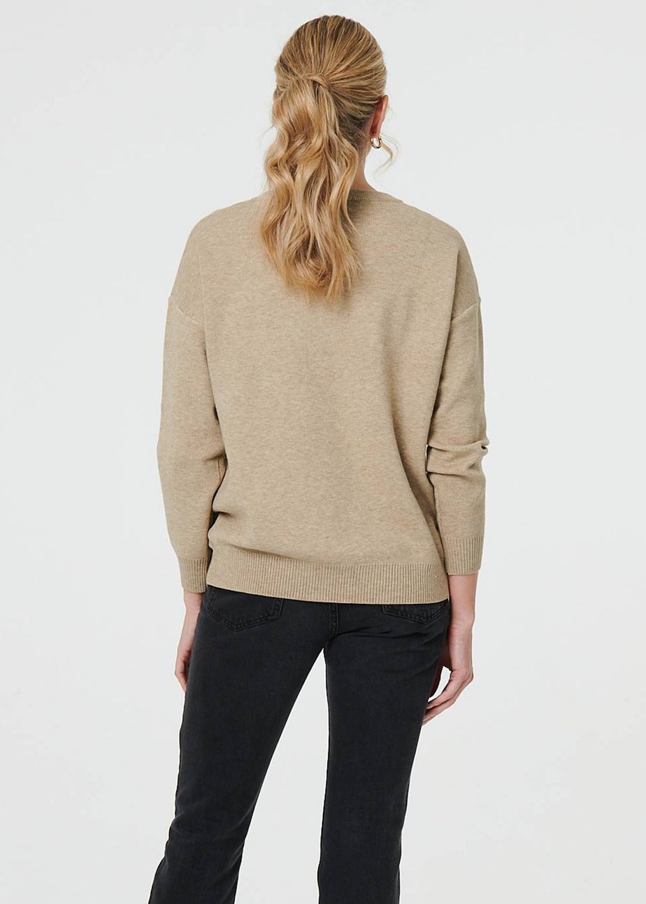 Izabel London Beige Bow Embellished Drop Shoulder Knit Jumper