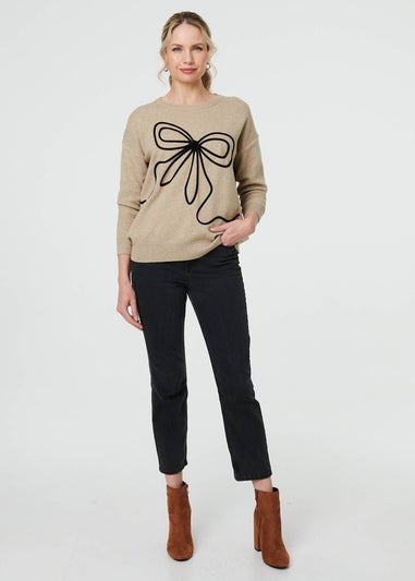 Izabel London Beige Bow Embellished Drop Shoulder Knit Jumper