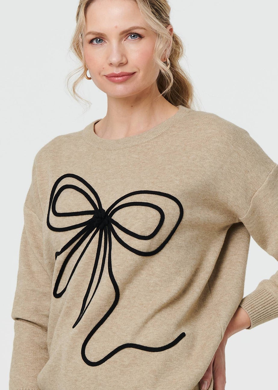 Izabel London Beige Bow Embellished Drop Shoulder Knit Jumper