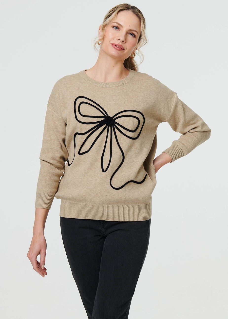 Izabel London Beige Bow Embellished Drop Shoulder Knit Jumper