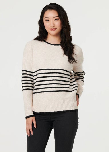 Izabel London Cream Striped Relaxed Long Sleeve Jumper
