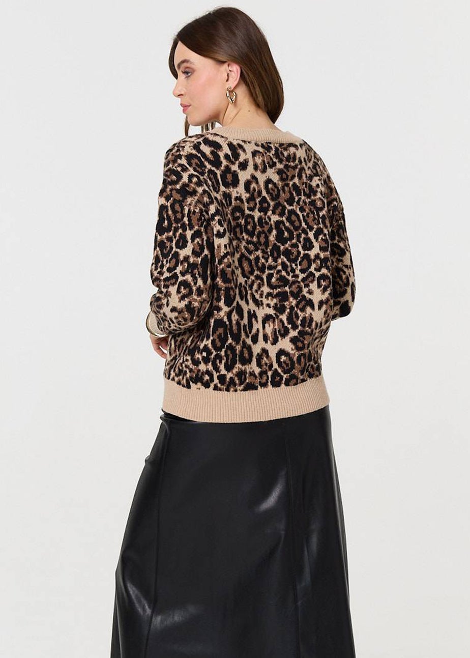 Izabel London Beige Animal Print Contrast Hem Knit Jumper