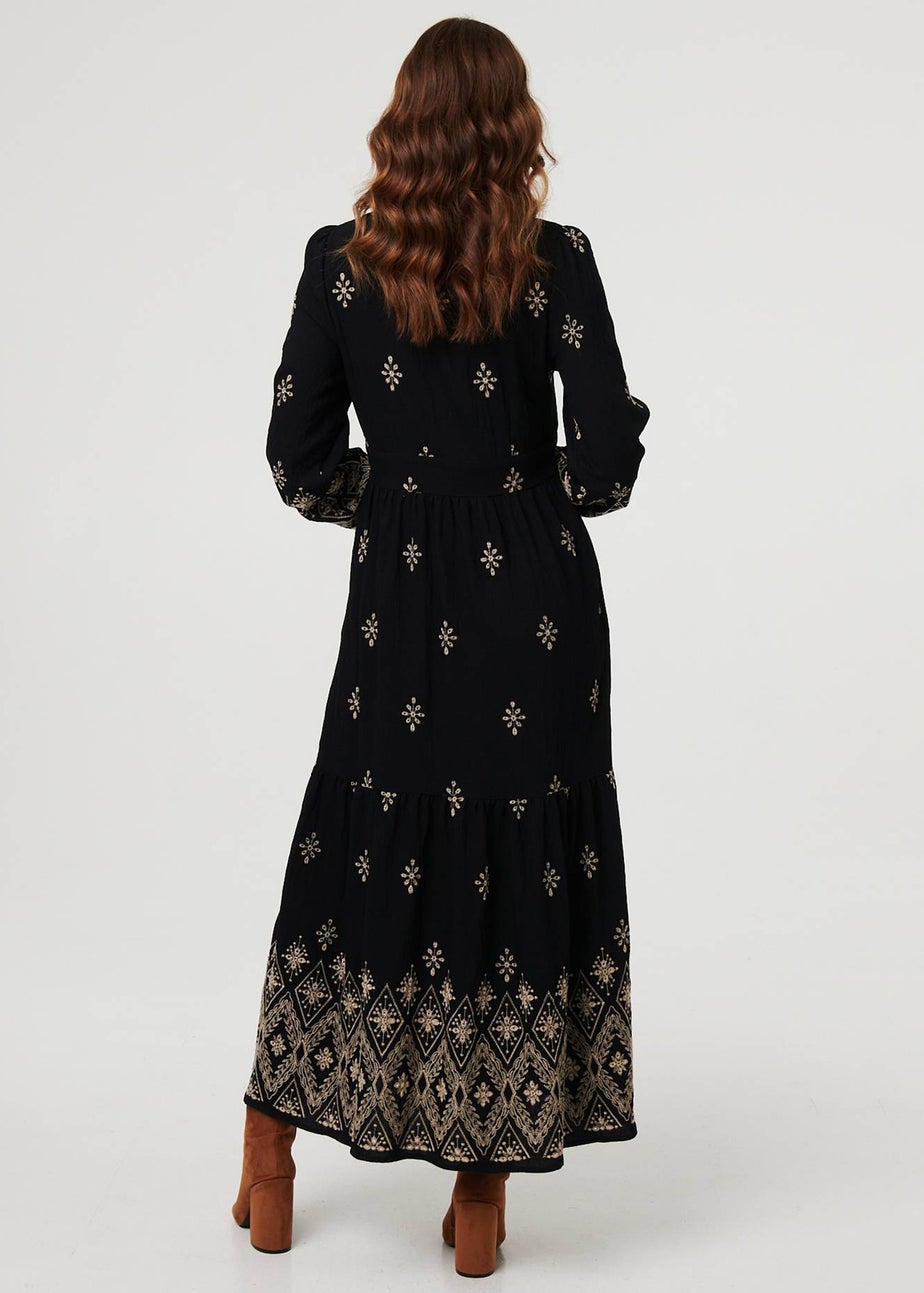 Izabel London Black Border Print Long Sleeve Maxi Dress
