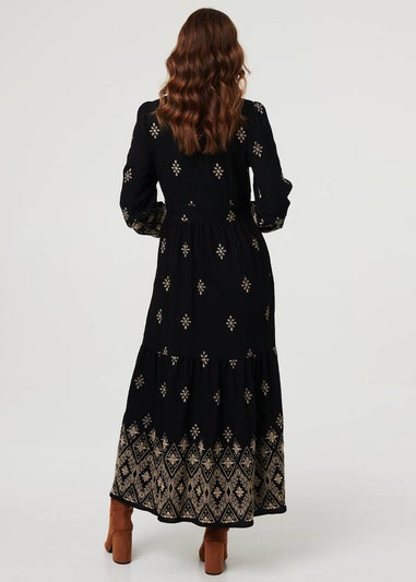 Izabel London Black Border Print Long Sleeve Maxi Dress