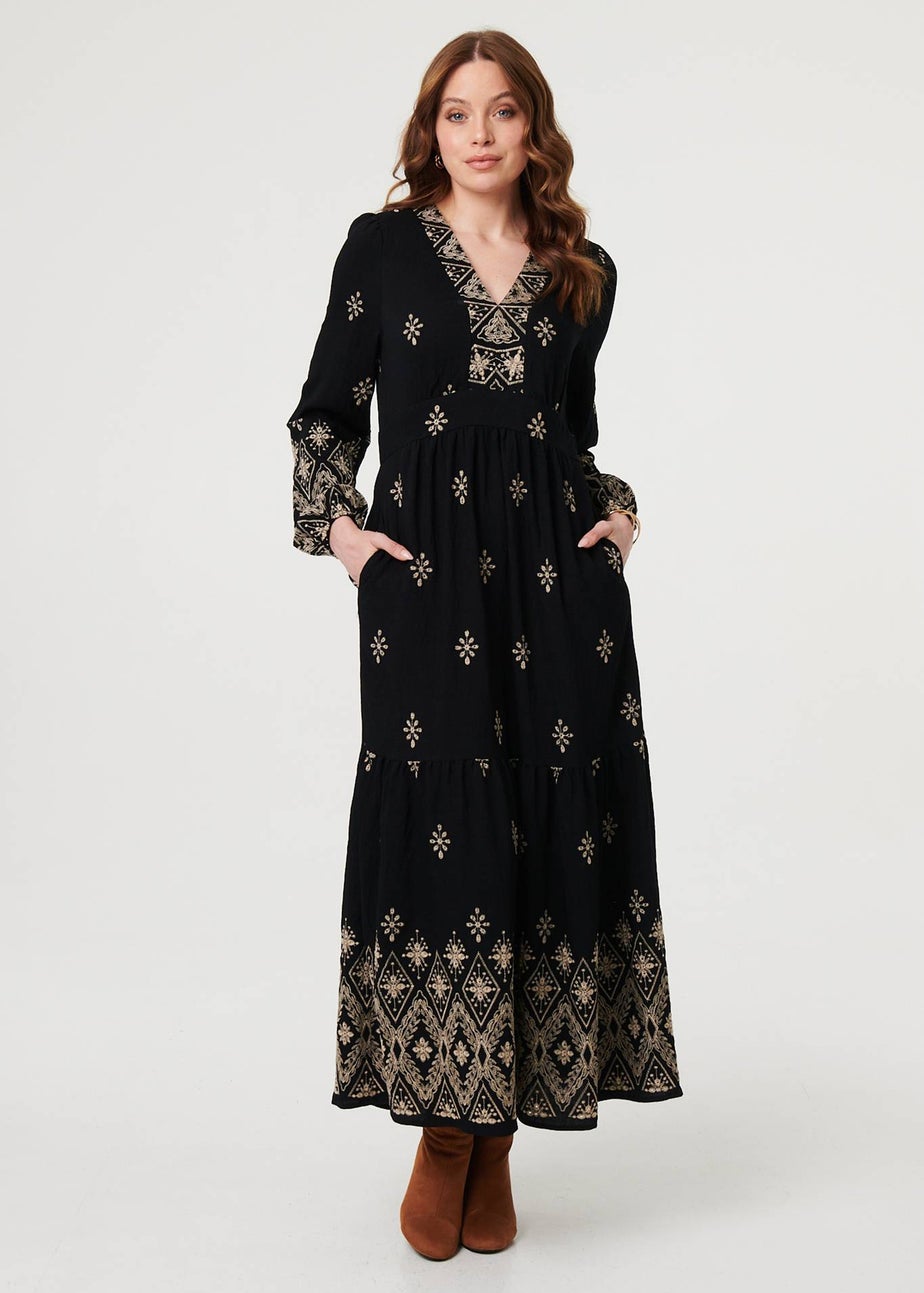 Izabel London Black Border Print Long Sleeve Maxi Dress