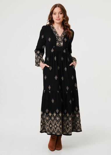 Izabel London Black Border Print Long Sleeve Maxi Dress
