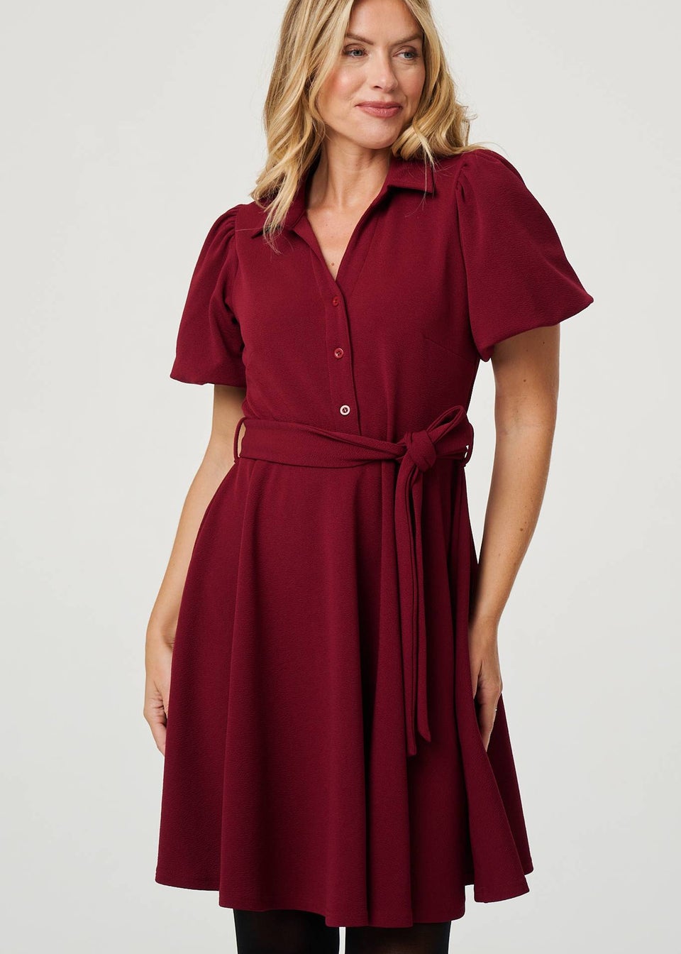 Izabel London Red Puff Sleeve Tie Waist Short Skater Dress