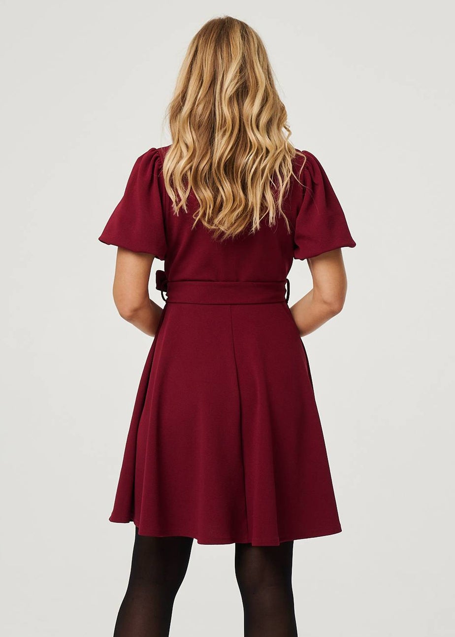 Izabel London Red Puff Sleeve Tie Waist Short Skater Dress