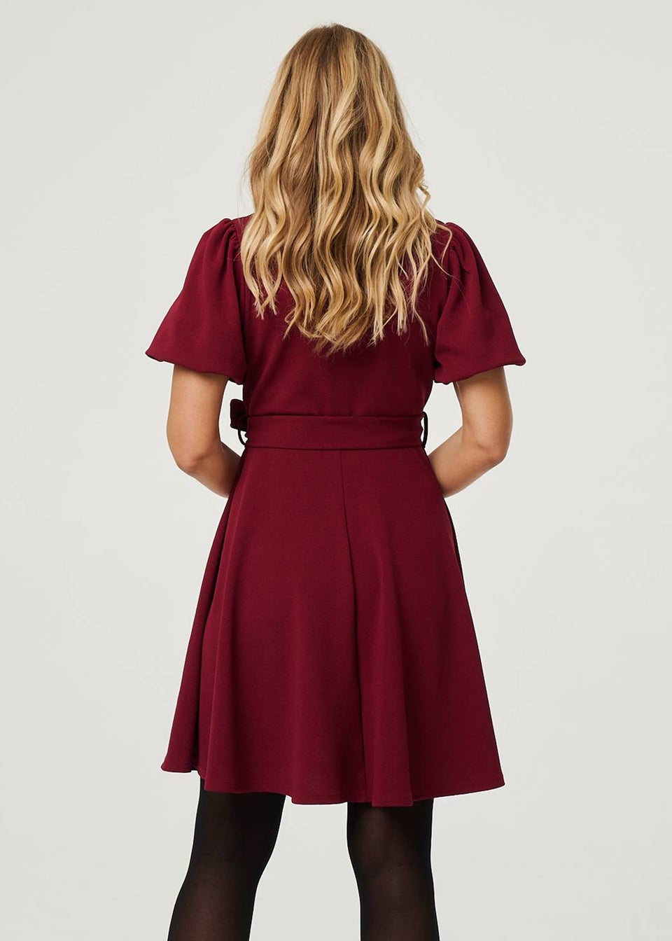 Izabel London Red Puff Sleeve Tie Waist Short Skater Dress