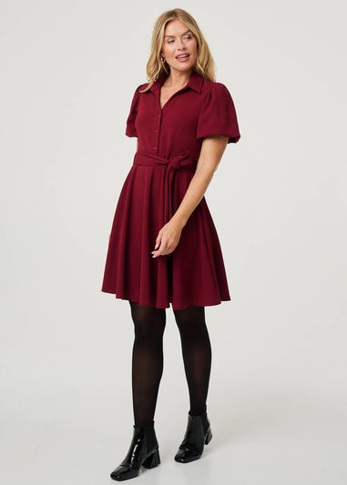 Izabel London Red Puff Sleeve Tie Waist Short Skater Dress